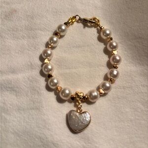 Gold and White Pearl Bracelet with Heart Charm